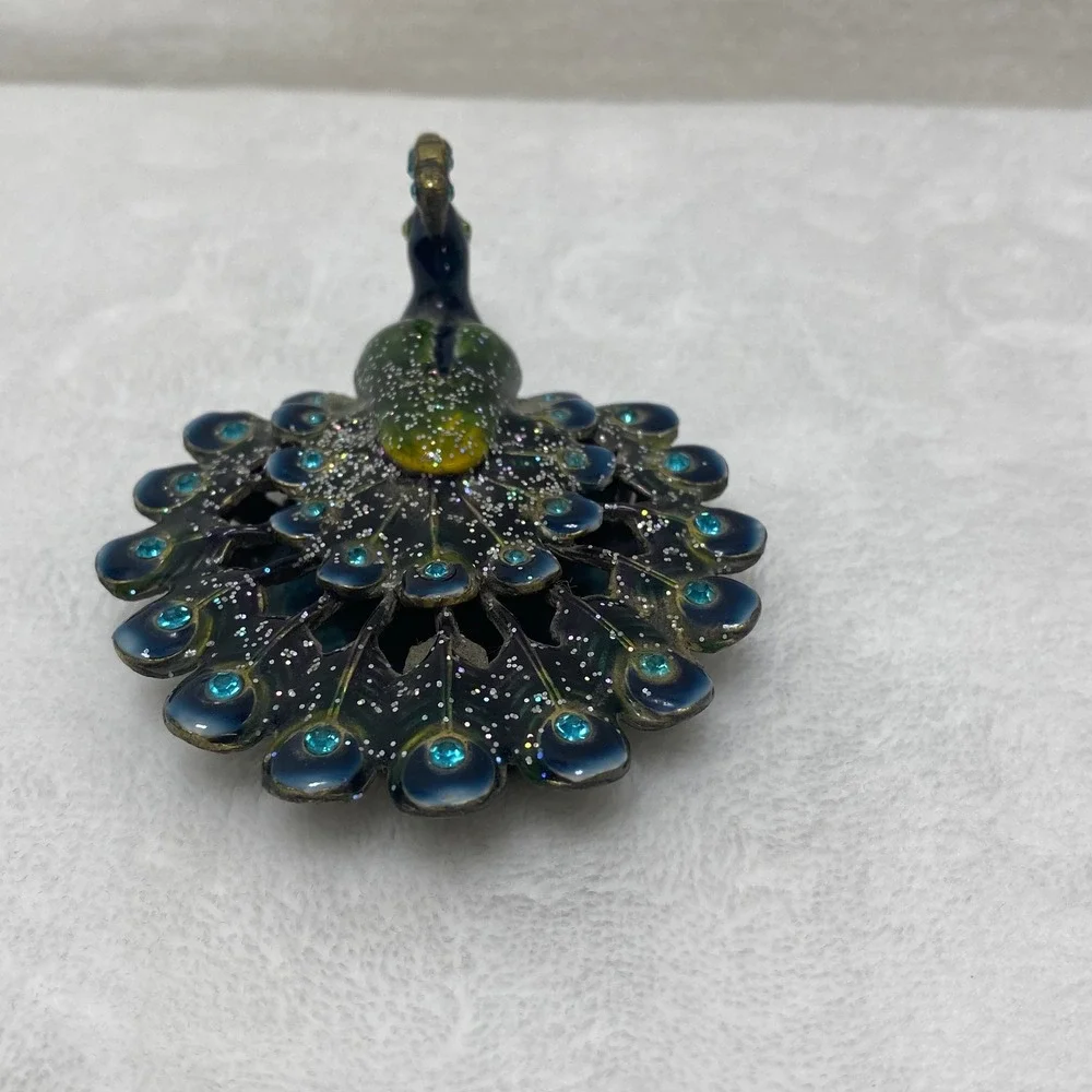 Peacock‎ Trinket Box Magnetic Enamel Jeweled Decorative Figurine Blue Green